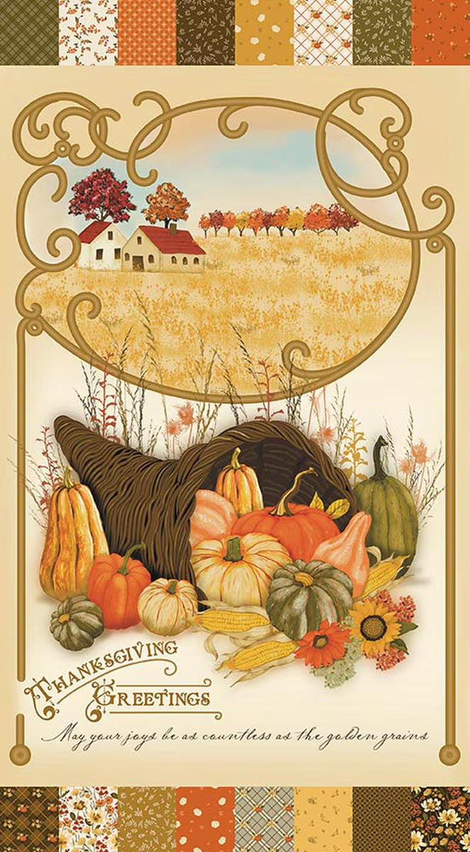 Bountiful Thanksgiving Greetings Panel Yardage by Sand Gervais for RBD-P17869-PANEL- PRICE PER 1/2 YARD