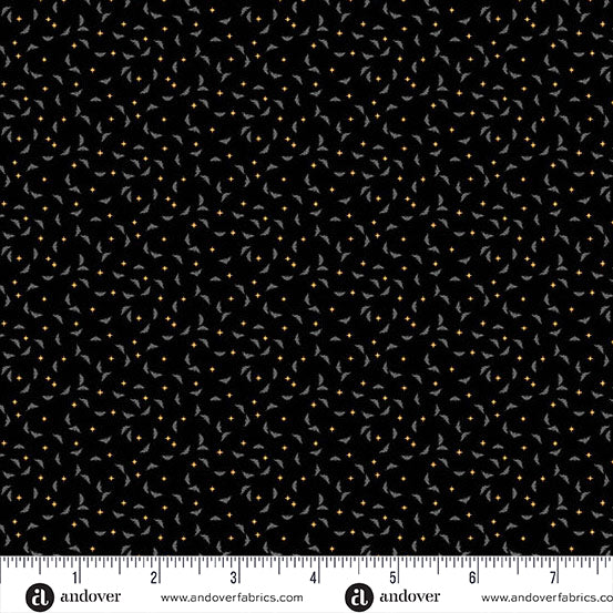 Midnight Moon Bats Pitch Black Yardage for Andover - A-1532-K - PRICE PER 1/2 YARD