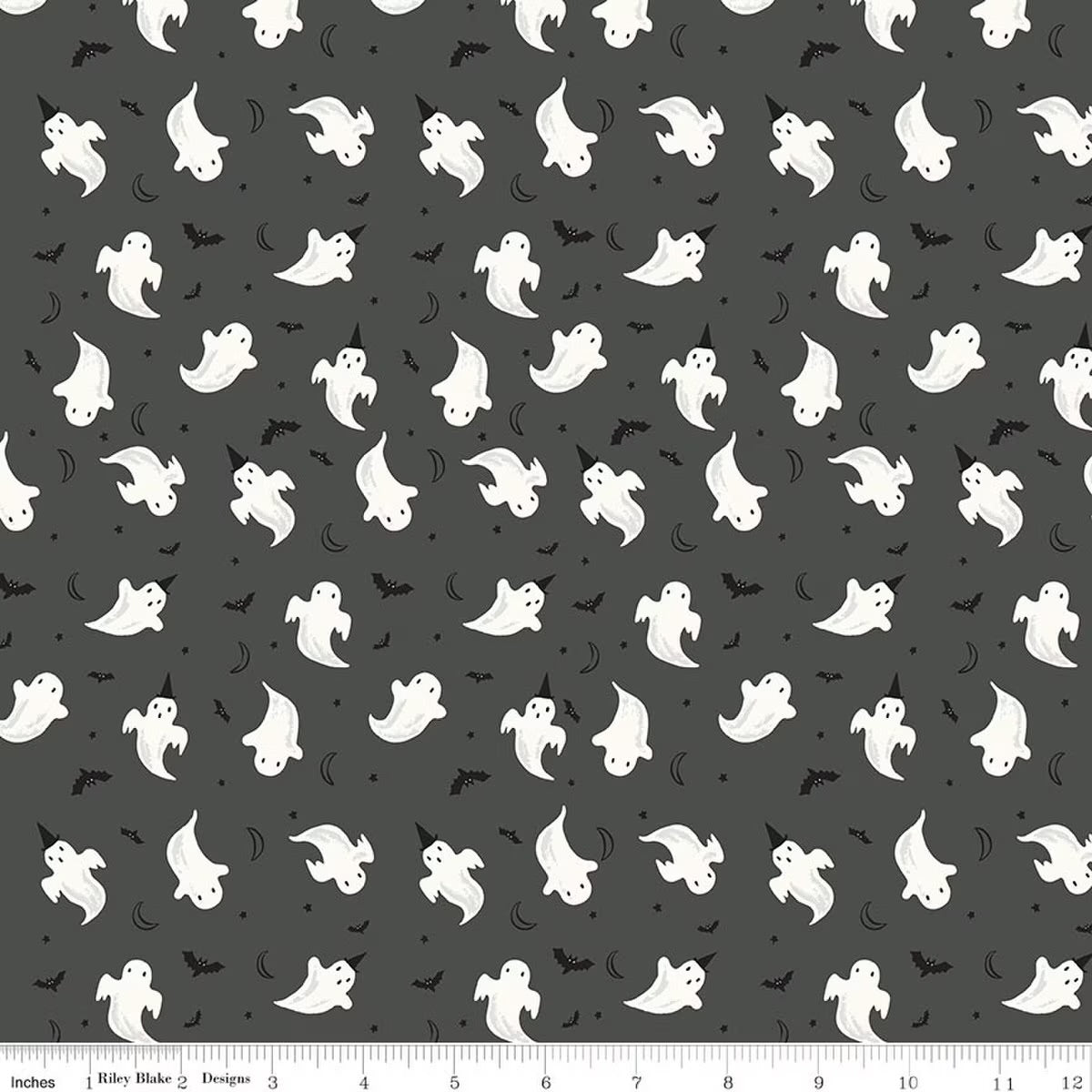 Frank and Friends Ghosts Charcoal Glow in the Dark Yardage by My Mind’s Eye for RBD GC17475-CHARCOAL- PRICE PER 1/2 YARD