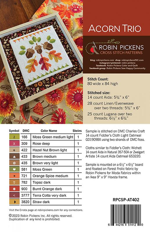 Acorn Trio Cross Stitch Pattern by Robin Pickens - RPCSP AT402