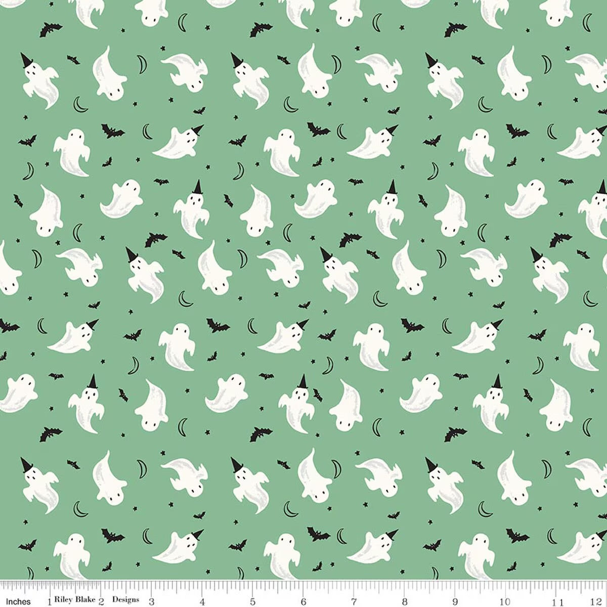 Frank and Friends Ghosts Green Yardage by My Mind’s Eye for RBD C17475-GREEN - PRICE PER 1/2 YARD
