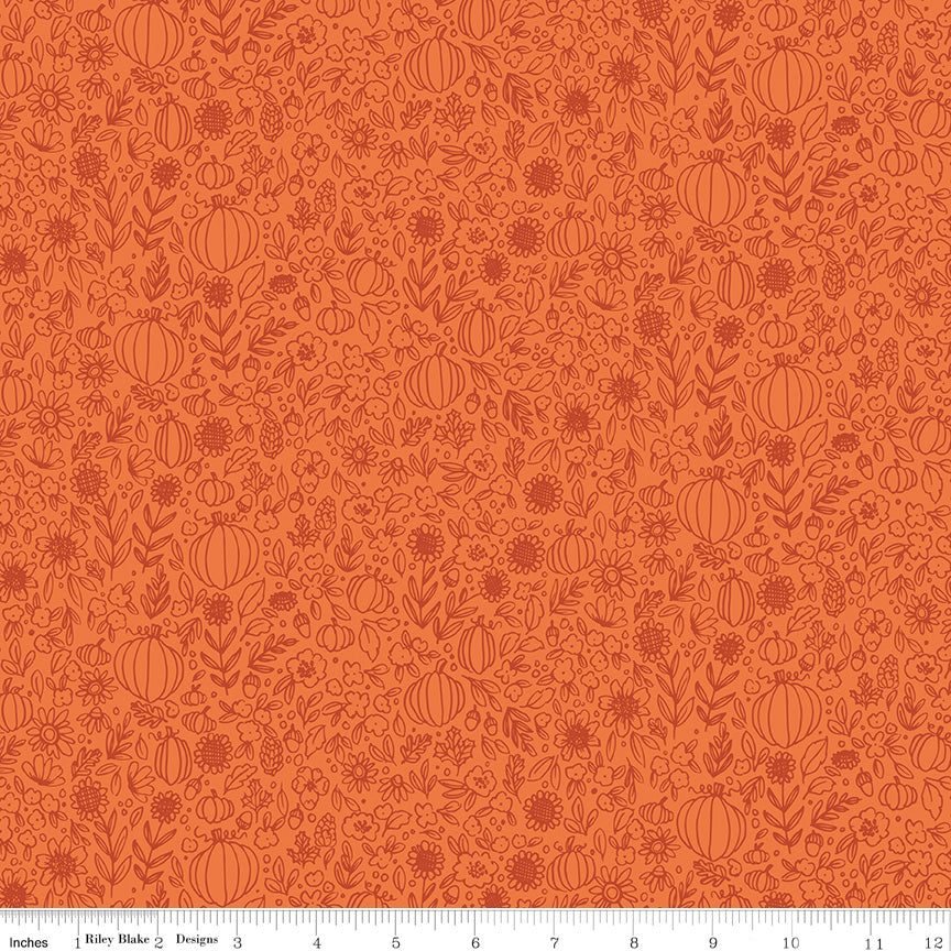 Happy Fall Days Floral Outline Orange Yardage for RBD - C16344 ORANGE - PRICE PER 1/2 YARD