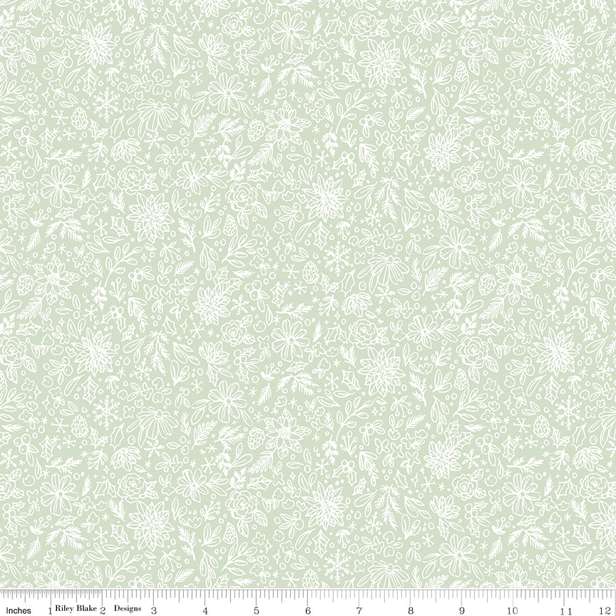 Charming Christmas Floral Outline Mint Yardage for RBD - C16354 MINT - PRICE PER 1/2 YARD