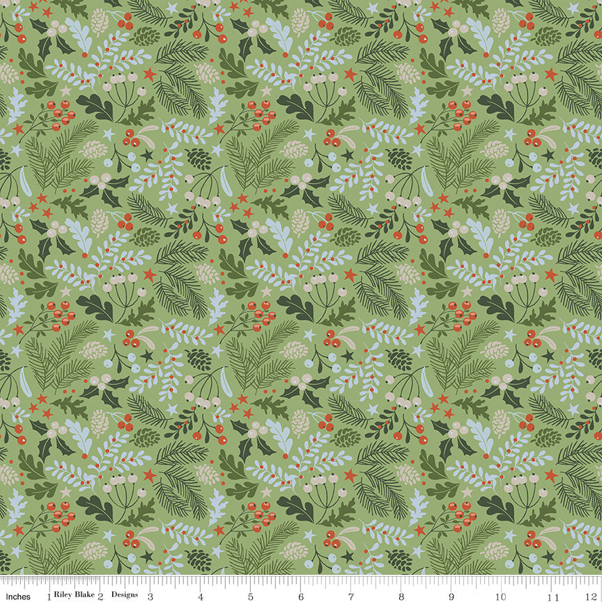 Santa's Tree Farm Berries & Boughs Green Yardage for RBD - C16452 GREEN - PRICE PER 1/2 YARD