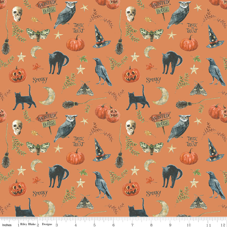 Trick or Treat Spooky Orange Yardage for RBD - CD15962 ORANGE - PRICE PER 1/2 YARD