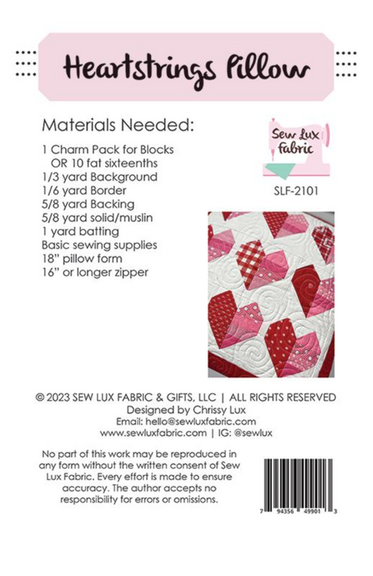 Heartstrings Pillow Paper Pattern by Sew Lux Fabric