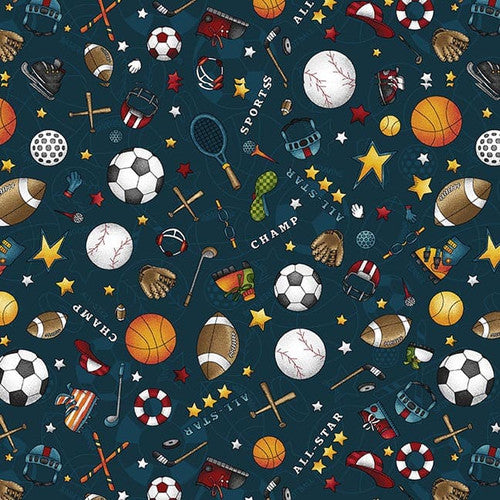 I Love Sports Navy Sports Balls Ydg for Henry Glass 1436-78 - PRICE PER 1/2 YARD