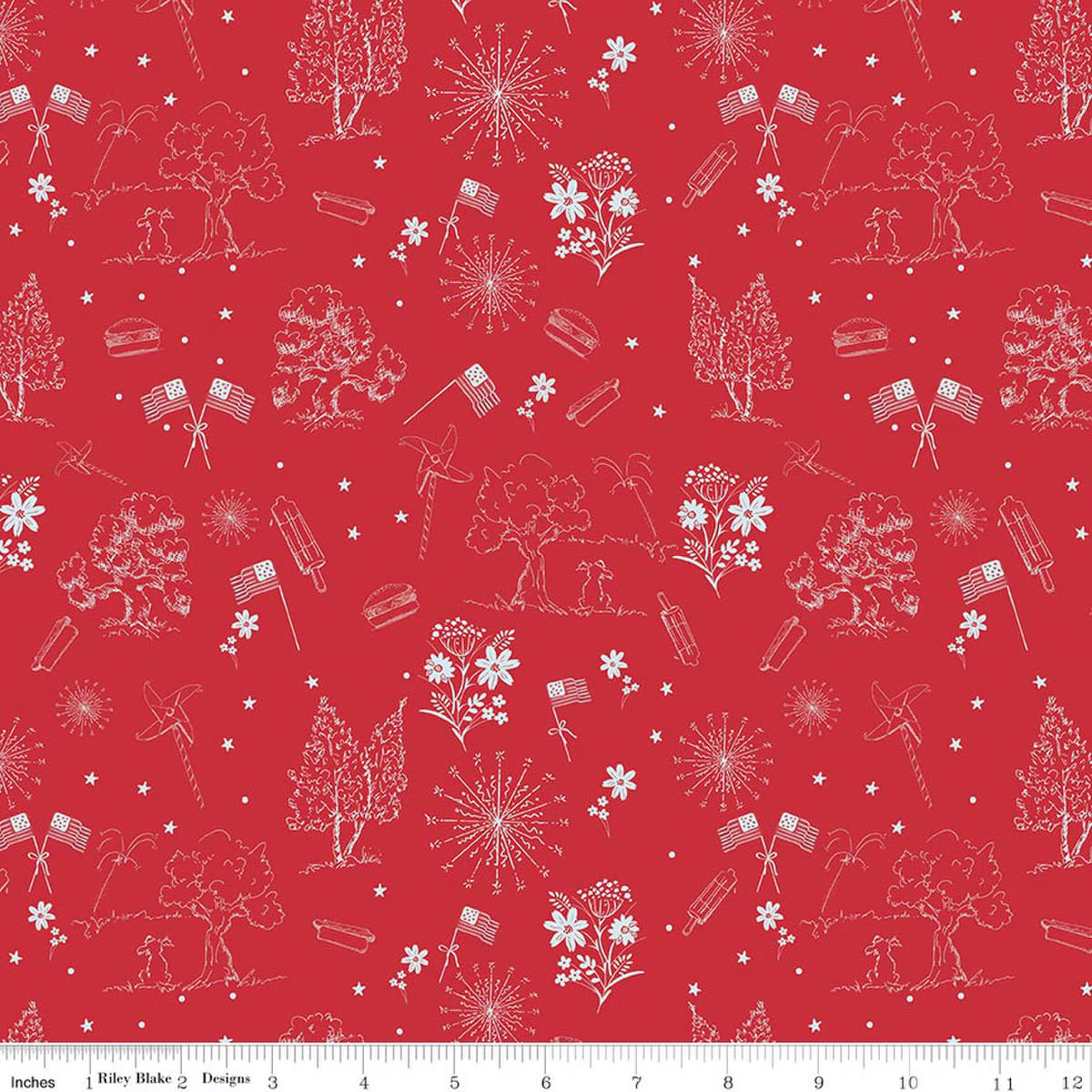 Firework Fields Independence Toile Red for RBD C17581-RED- PRICE PER 1/2 YARD