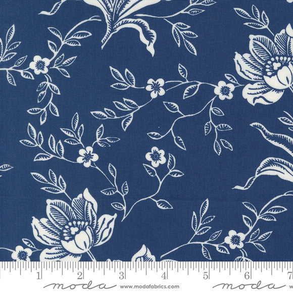 Denim Daisies Woodcut Bloom Large Floral Midnight Jeans Ydg for Moda - 35380 18 - PRICE PER 1/2 YARD