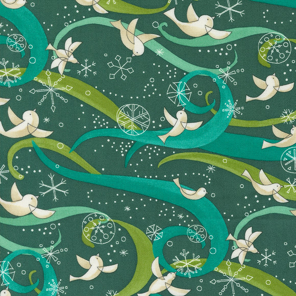 Winterly Birds with Ribbons Spruce Yardage for Moda - 48761 18 - PRICE PER 1/2 YARD