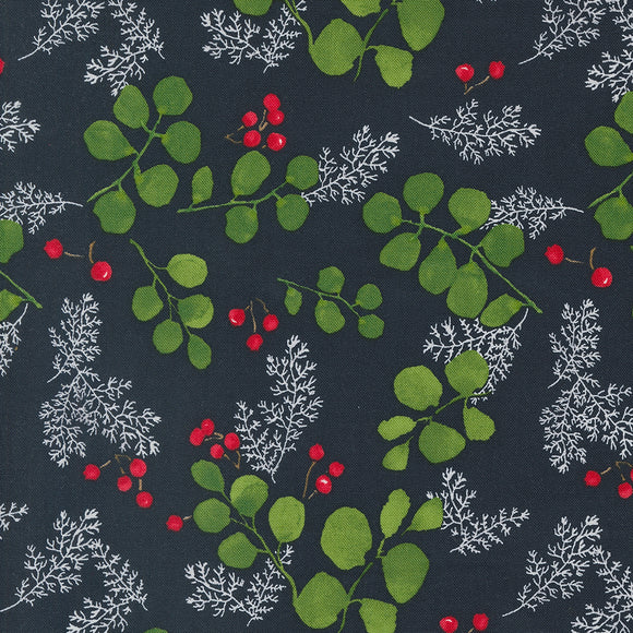 Winterly Greenery and Berries Soft Black Yardage for Moda - 48764 19 - PRICE PER 1/2 YARD