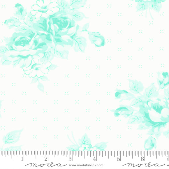 Lighthearted Rosy Large Floral Cream Aqua Ydg by for Moda - 55290 21 - PRICE PER 1/2 YARD