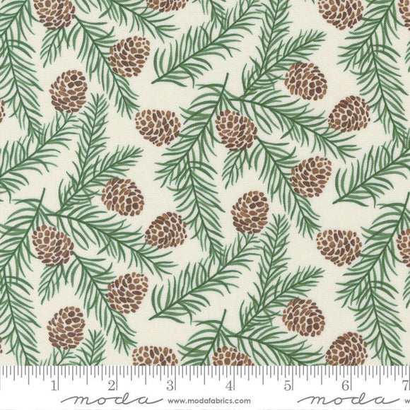 Holidays At Home Evergreen Pinecones Snowy White Ydg for Moda - 56076 21  - PRICE PER 1/2 YARD