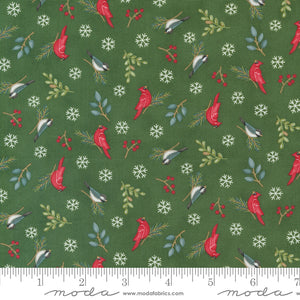 Woodland Winter Birds and Snowflakes Pine Green Ydg - 56096 14  - PRICE PER 1/2 YARD