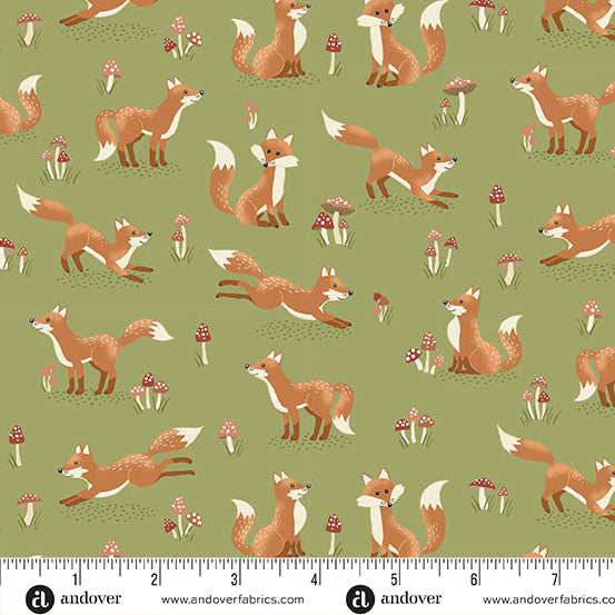 Hello Autumn Fox Tales Green Yardage for Andover - MU-098-G - PRICE PER 1/2 YARD