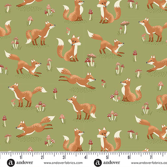 Hello Autumn Fox Tales Green Yardage for Andover - MU-098-G - PRICE PER 1/2 YARD