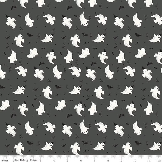 Frank and Friends Ghosts Charcoal Glow in the Dark Yardage by My Mind’s Eye for RBD GC17475-CHARCOAL- PRICE PER 1/2 YARD