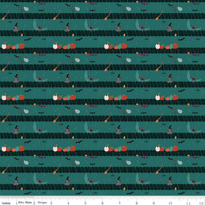 Little Witch Sitting on a Gate Teal Ydg for RBD C14564 TEAL - PRICE PER 1/2 YARD