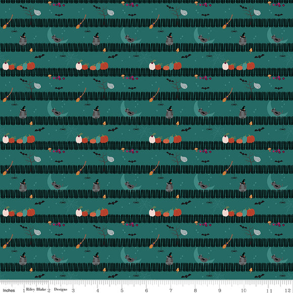 Little Witch Sitting on a Gate Teal Ydg for RBD C14564 TEAL - PRICE PER 1/2 YARD