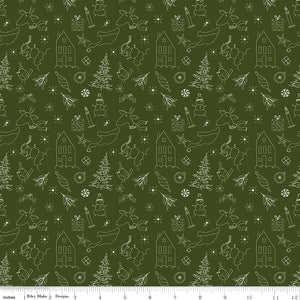 Christmas Is in Town Doodles Dark Green Ydg for RBD C14742 DARK GREEN - PRICE PER 1/2 YARD