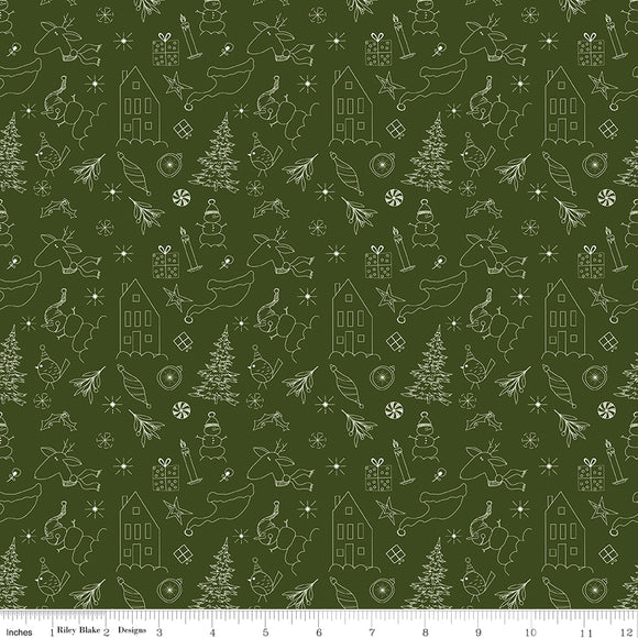 Christmas Is in Town Doodles Dark Green Ydg for RBD C14742 DARK GREEN - PRICE PER 1/2 YARD