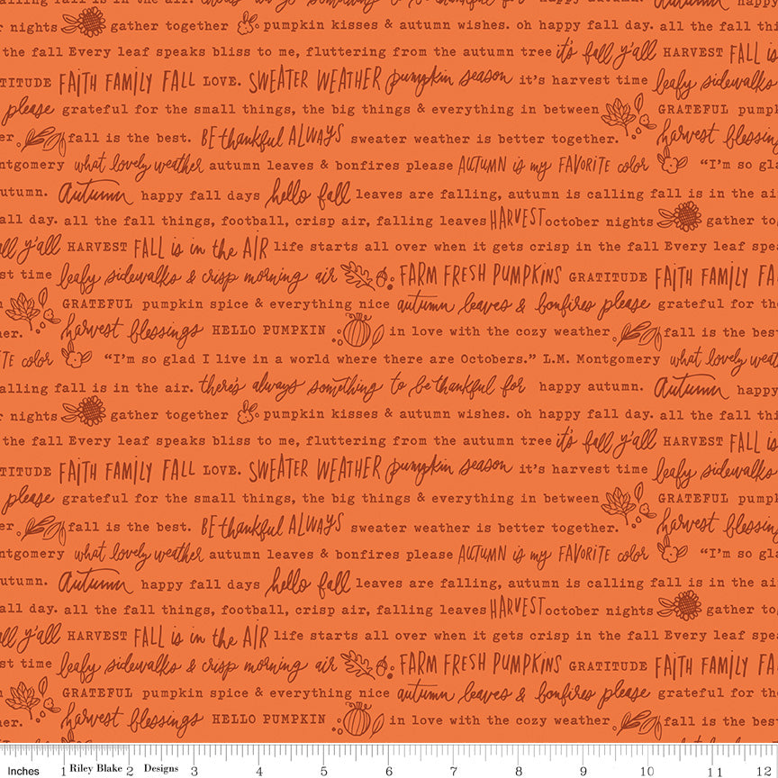 Happy Fall Days Autumn Words Orange Yardage for RBD - C16342 ORANGE - PRICE PER 1/2 YARD