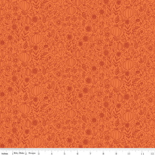 Happy Fall Days Floral Outline Orange Yardage for RBD - C16344 ORANGE - PRICE PER 1/2 YARD