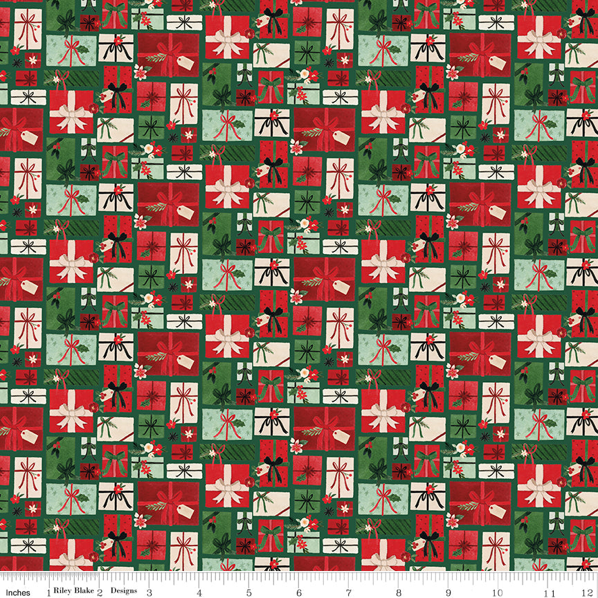 Charming Christmas Pretty Presents Green Yardage for RBD - C16352 GREEN - PRICE PER 1/2 YARD