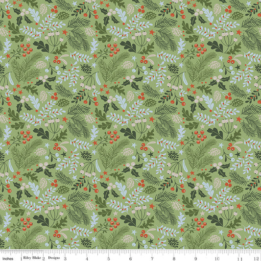 Santa's Tree Farm Berries & Boughs Green Yardage for RBD - C16452 GREEN - PRICE PER 1/2 YARD