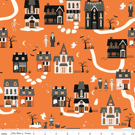 Frank and Friends Houses Orange Yardage by My Mind’s Eye for RBD C17471-ORANGE- PRICE PER 1/2 YARD