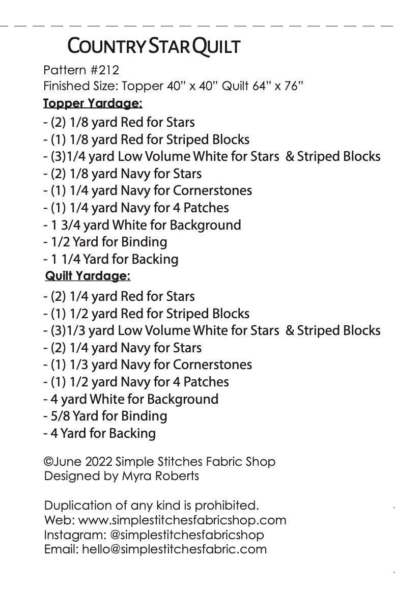 Country Star Quilt/Topper Pattern - WHOLESALE (set of 10)