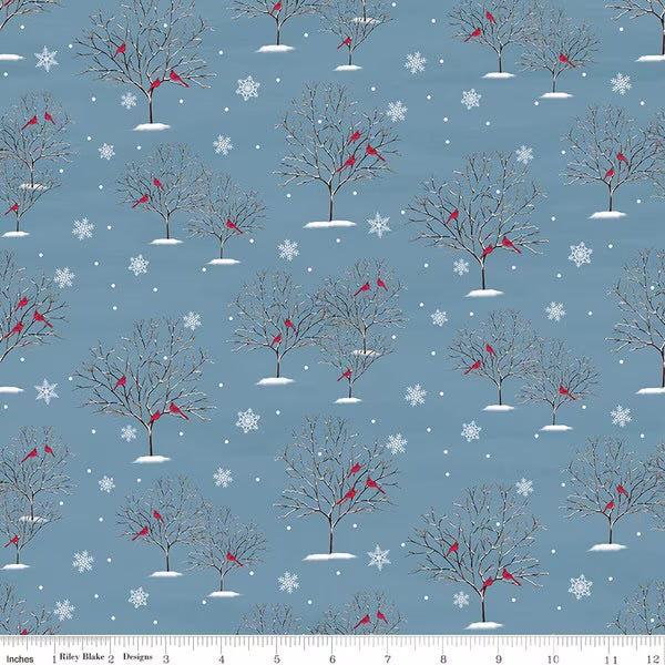 Covered Bridges in Winter Trees Snow Yardage for Riley Blake Designs-C18001-BLUE - PRICE PER 1/2 YARD