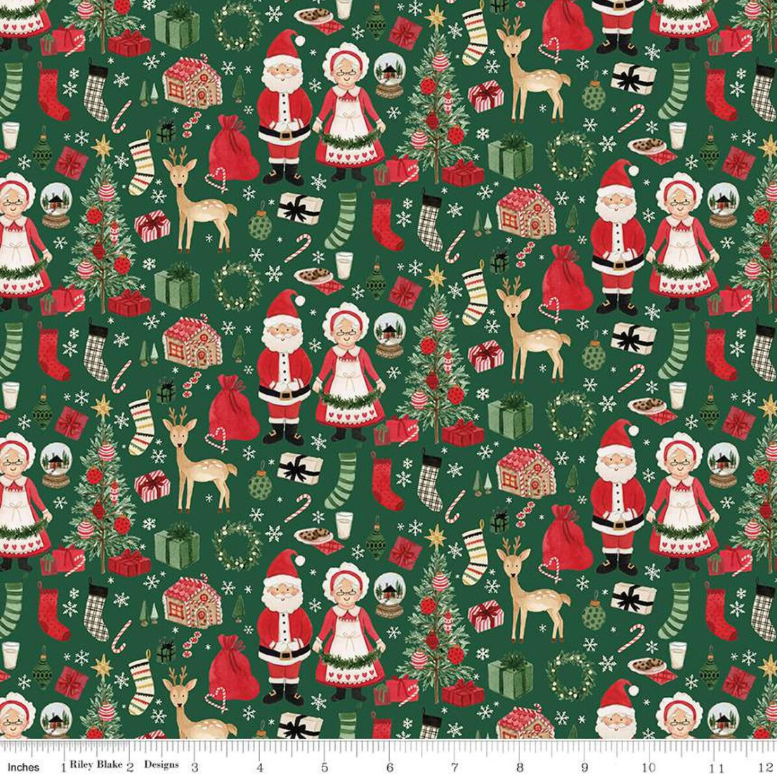 Charming Christmas Santa & Mrs. Claus Green Yardage for RBD - C16351 GREEN - PRICE PER 1/2 YARD