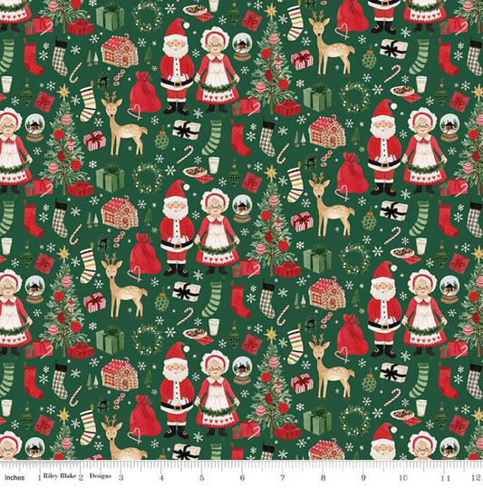 Charming Christmas Santa & Mrs. Claus Green Yardage for RBD - C16351 GREEN - PRICE PER 1/2 YARD