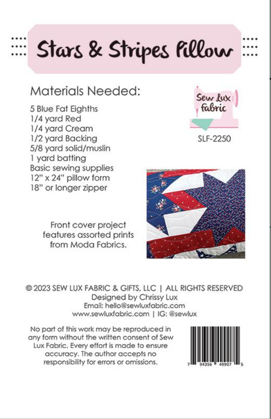 Stars & Stripes Pillow Paper Pattern by Sew Lux Fabric