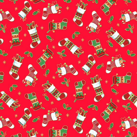 Merry Christmas Stockings Red Yardage for Andover Fabrics -TP-2484-R - PRICE PER 1/2 YARD