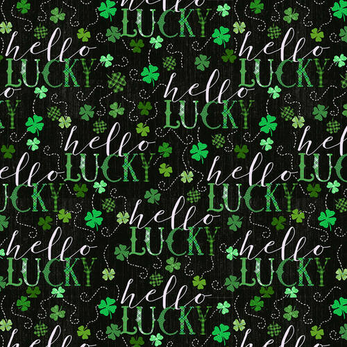 Hello Lucky Word Print Black/Green Yardage for Henry Glass 9738-69- PRICE PER 1/2 YARD