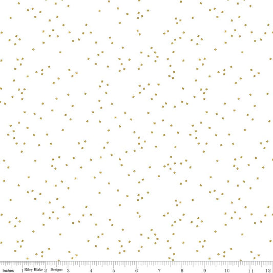 Blossoms on White with Gold Sparkle Yardage for RBD SC730 GOLD- PRICE PER 1/2 YARD